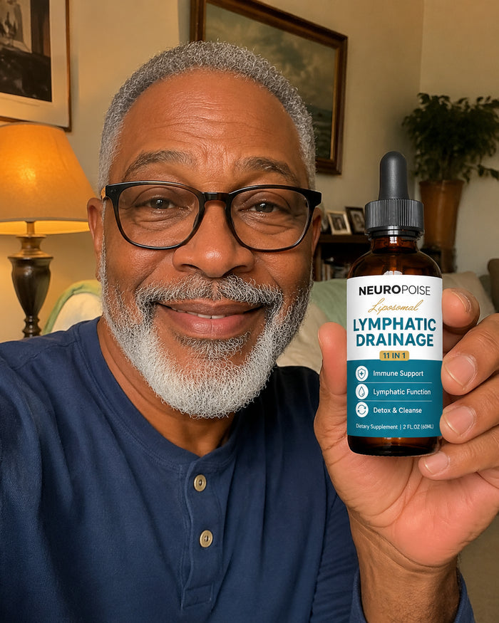 Raymond P. holding his Neuropoise Lymphatic Drainage Drops bottle
