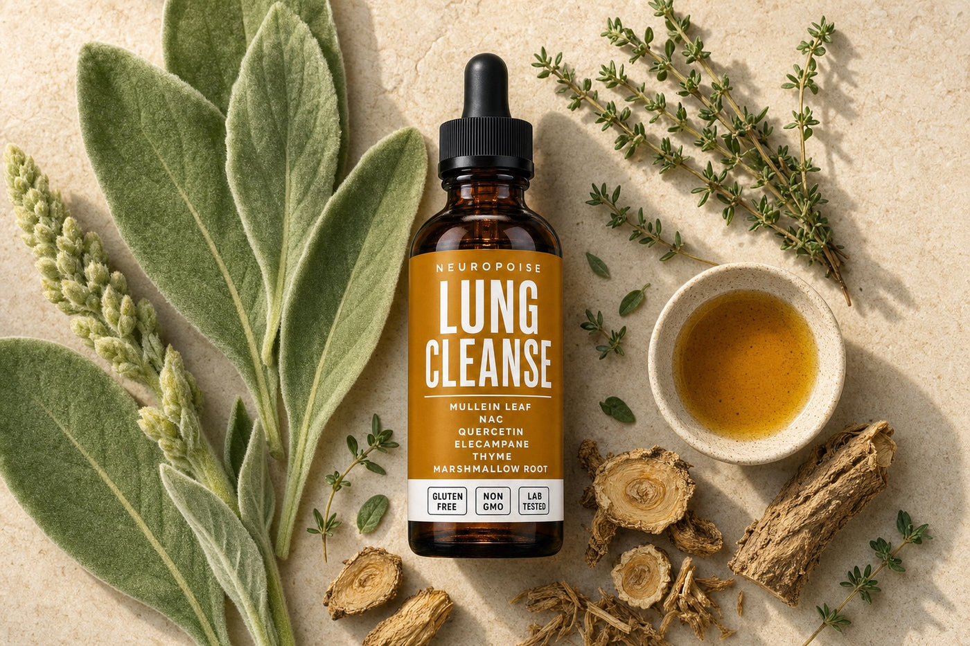 Neuropoise Lung Cleanse with mullein leaves, thyme and botanicals