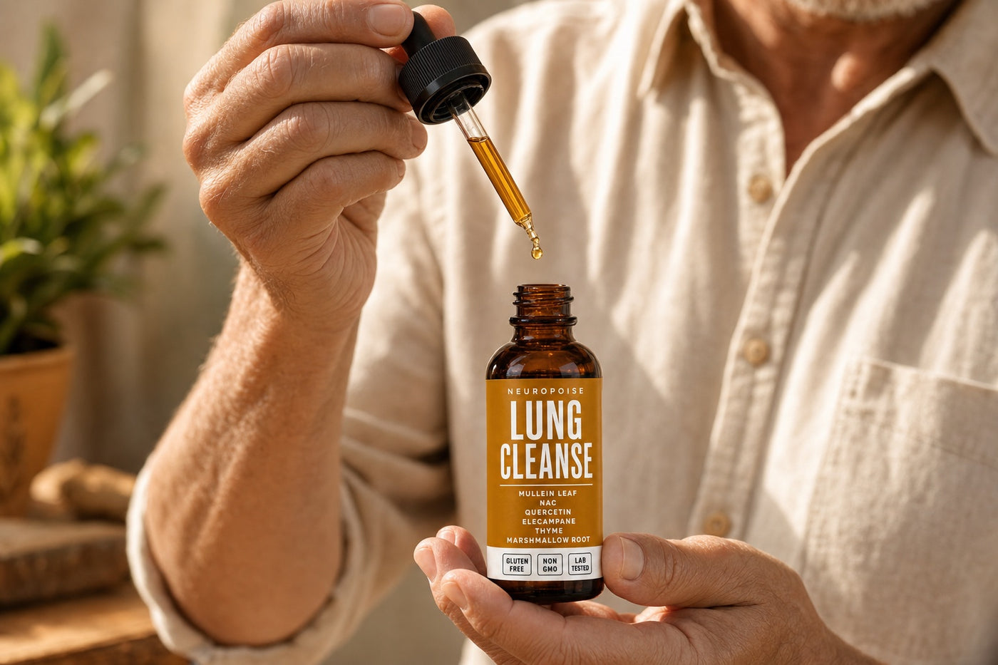 Hand holding a dropper of Neuropoise Lung Cleanse
