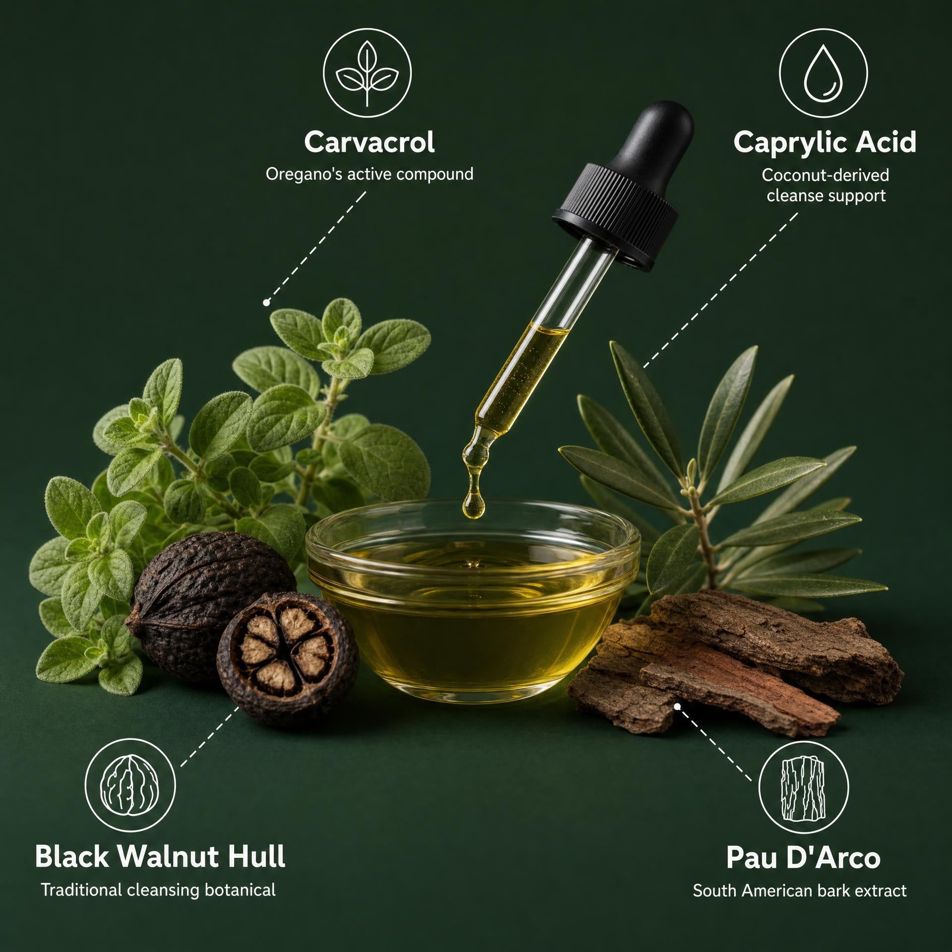 Inside the formula: oregano carvacrol, black walnut, olive leaf, pau d'arco