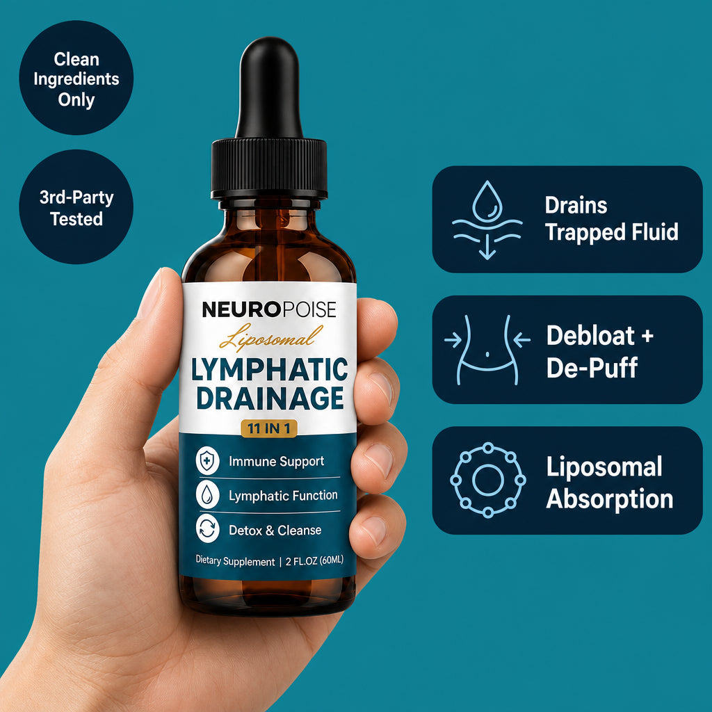 Neuropoise Liposomal Lymphatic Drainage Drops held in hand with benefit callouts
