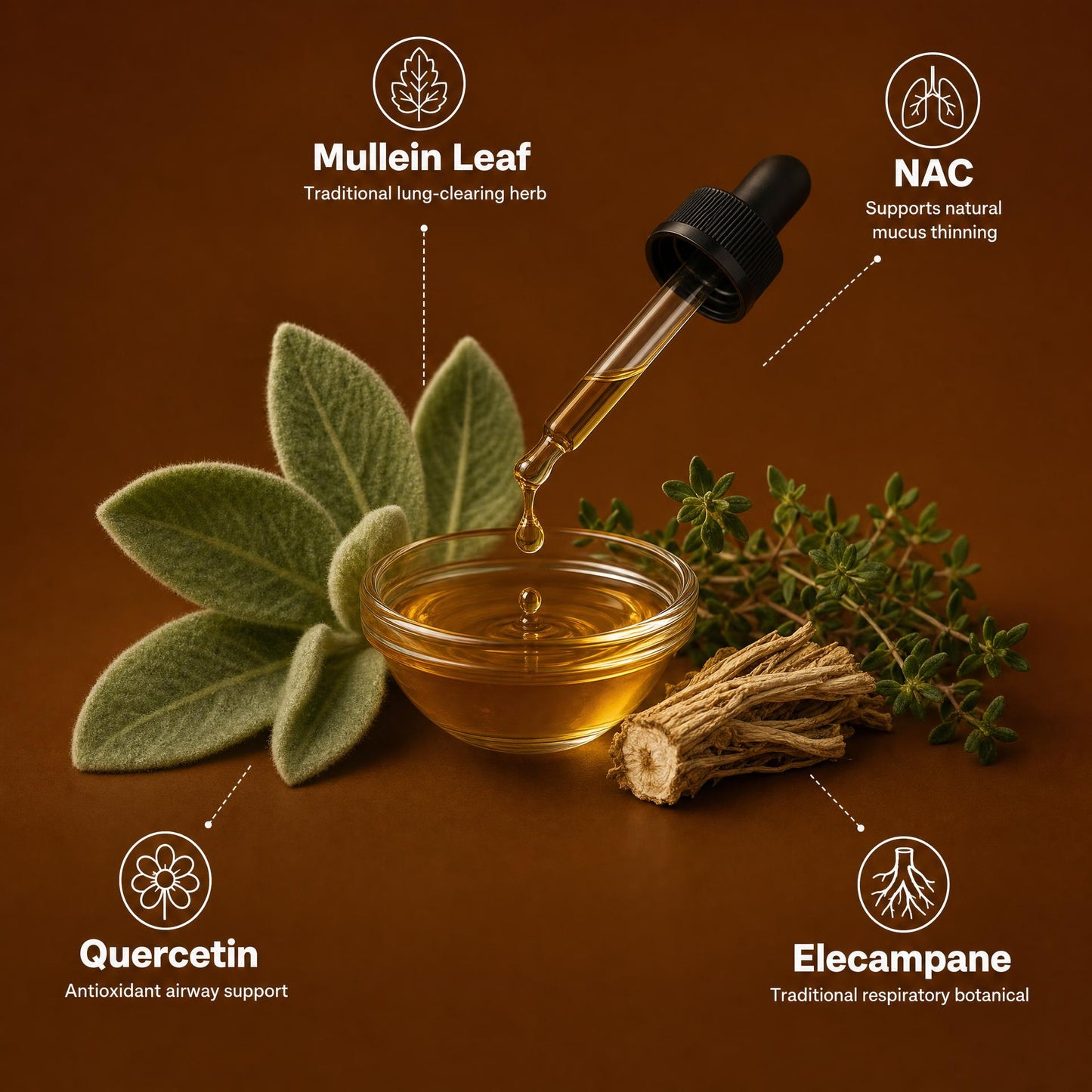 Inside the formula: mullein leaf, NAC, quercetin, elecampane