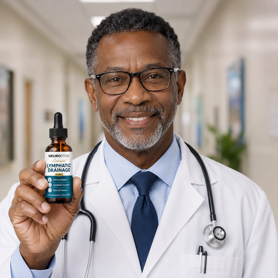 Doctor holding Neuropoise Liposomal Lymphatic Drainage Drops
