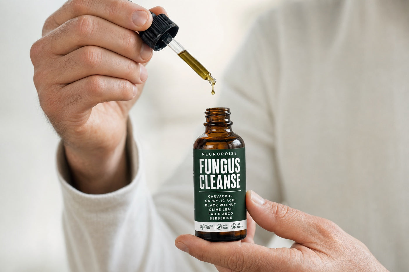 Hand holding a dropper of Neuropoise Fungus Cleanse