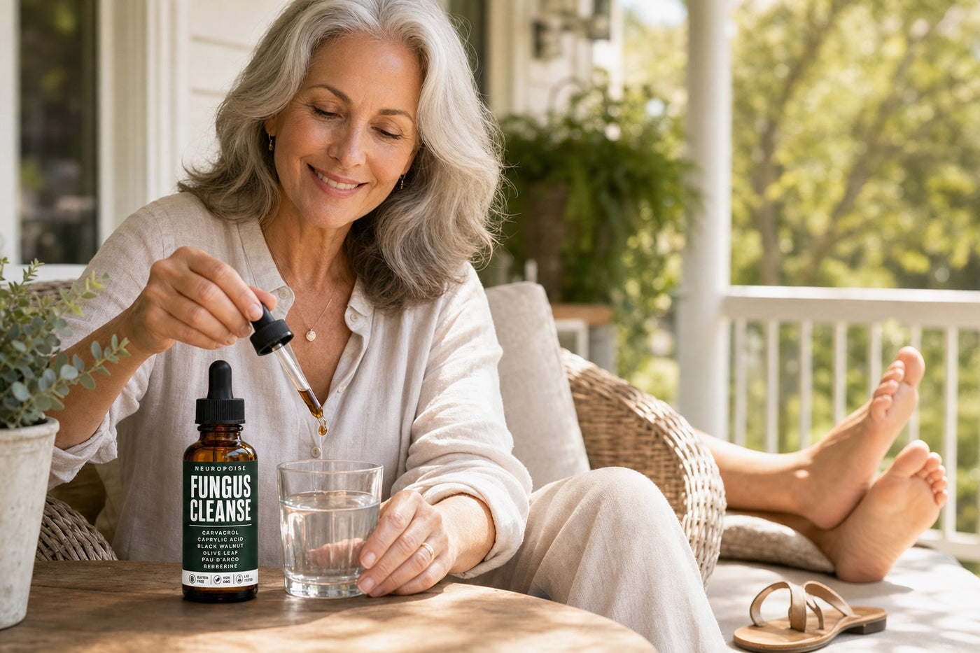 Woman adding Neuropoise Fungus Cleanse drops to her morning water