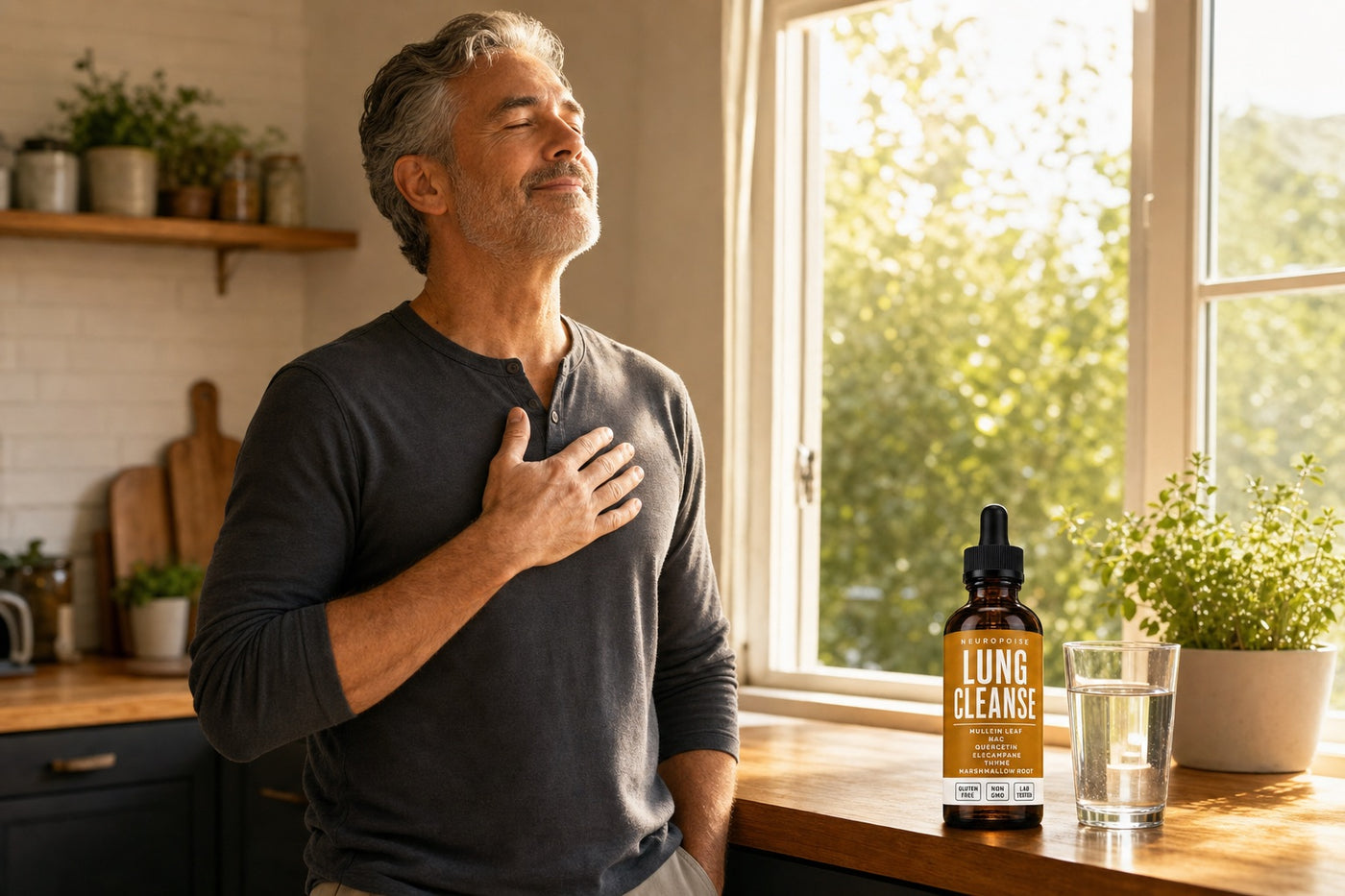 Man breathing deeply by an open window with Neuropoise Lung Cleanse on the counter